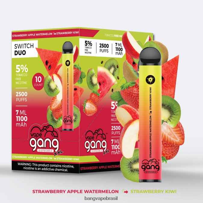 Vape Gang Switch Duo 2 sabores (caixa com 10) - 8BDZ0245 Vape Gang Flavors melancia, morango, maçã - morango, kiwi